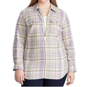 Chaps Top Womens 2X Pastel Plaid Zip Up Cotton Twill Long Sleeve Front Pockets